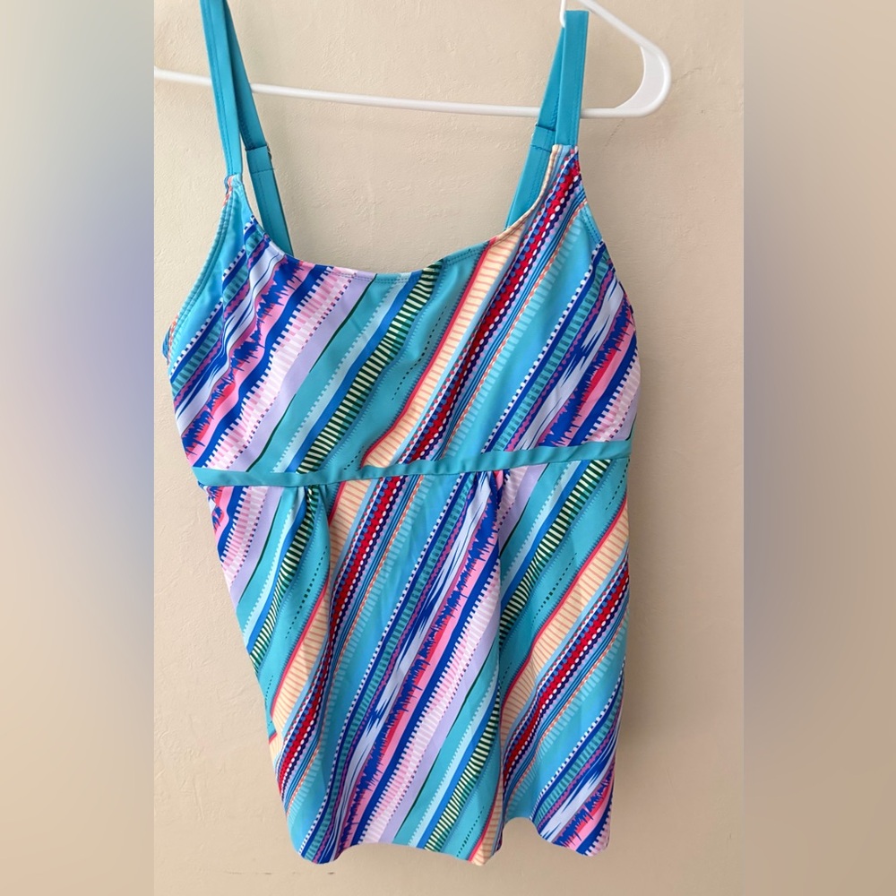 Women’s Denater Tankini Top Blue Pink Striped Adjustable Straps SZ 2XL NWOT